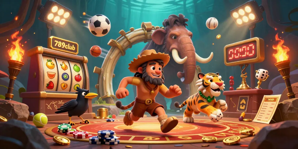 Play exciting games at 789club casino with a vibrant scene featuring cavemen, slots, and sports elements.
