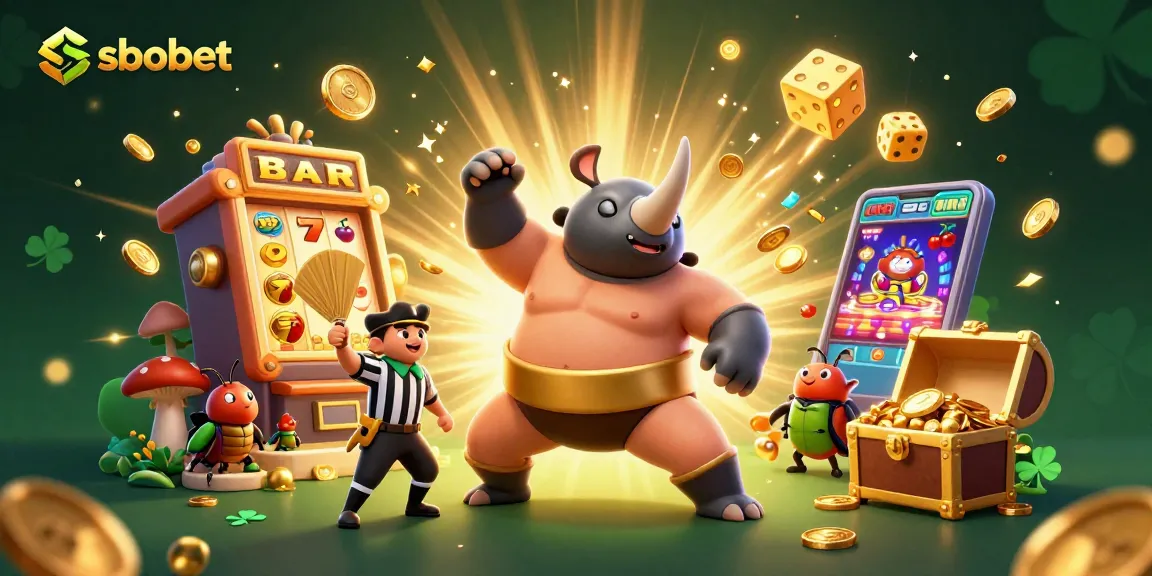 Sbobet offers exhilarating slots action with dynamic beetle characters in a vibrant casino setting.
