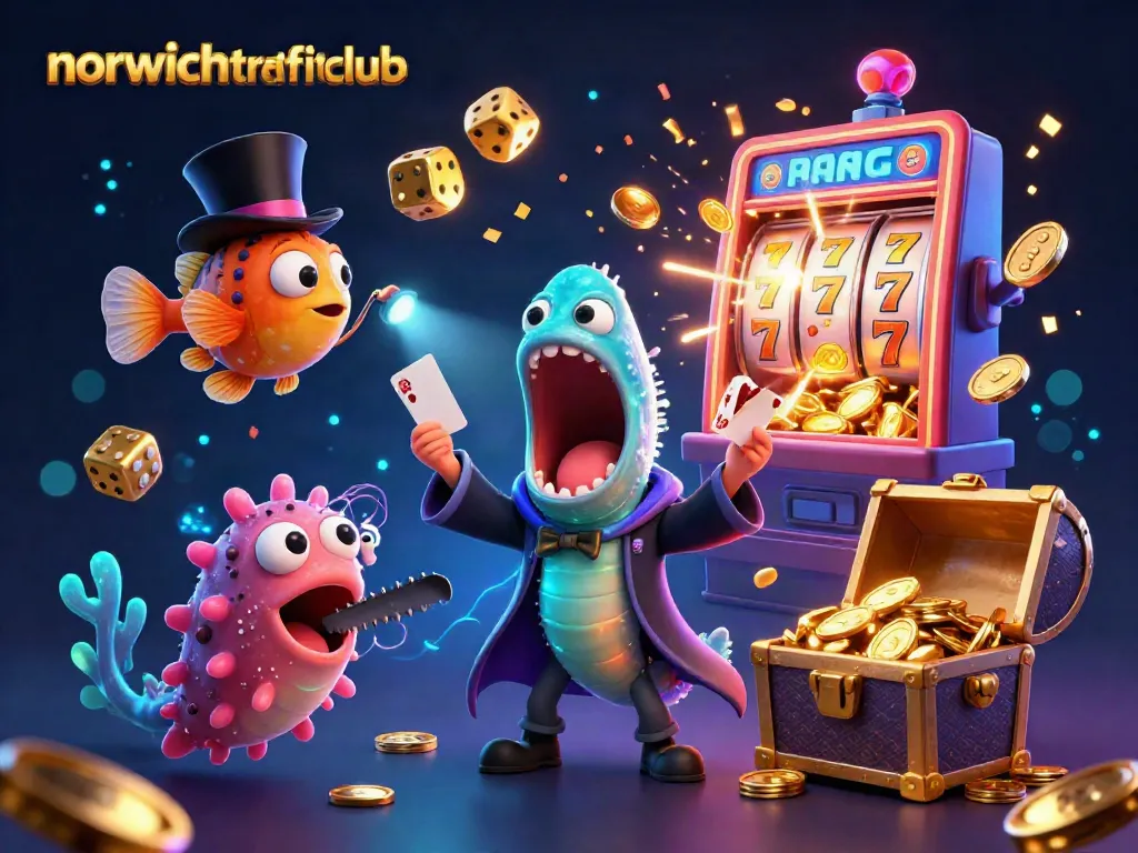 Experience the excitement of norwichtrafficclub with a vibrant 3D casino scene featuring card tricks and slot action.