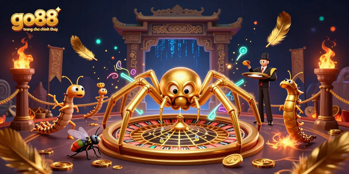 Engage with go88 trang chu chinh thuc as a golden spider spins a roulette wheel web in this vibrant casino scene.