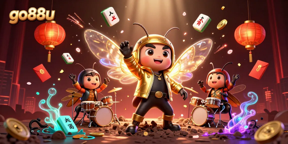 Experience the buzz of go88u with rock star cicadas and festive elements in a vibrant casino scene.