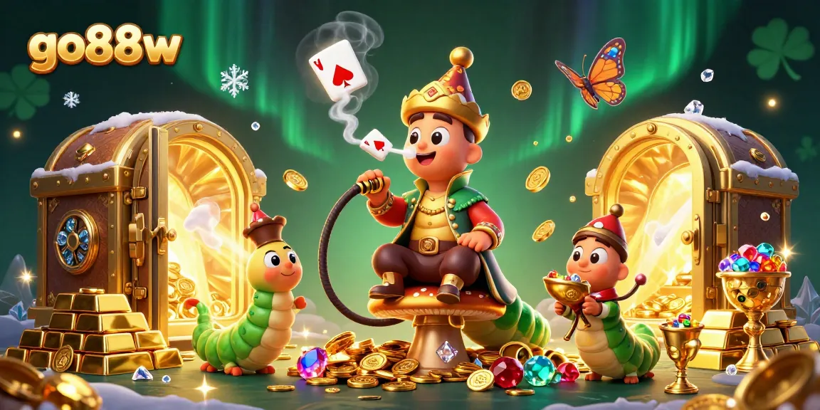 Engage in thrilling gameplay at go88w, showcasing a vibrant 3D casino scene filled with treasures and poker symbols.