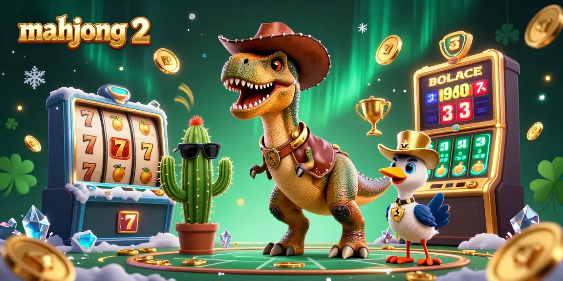 Experience mahjong 2 action in this vibrant casino scene featuring a T-Rex, cactus sidekick, and roadrunner.