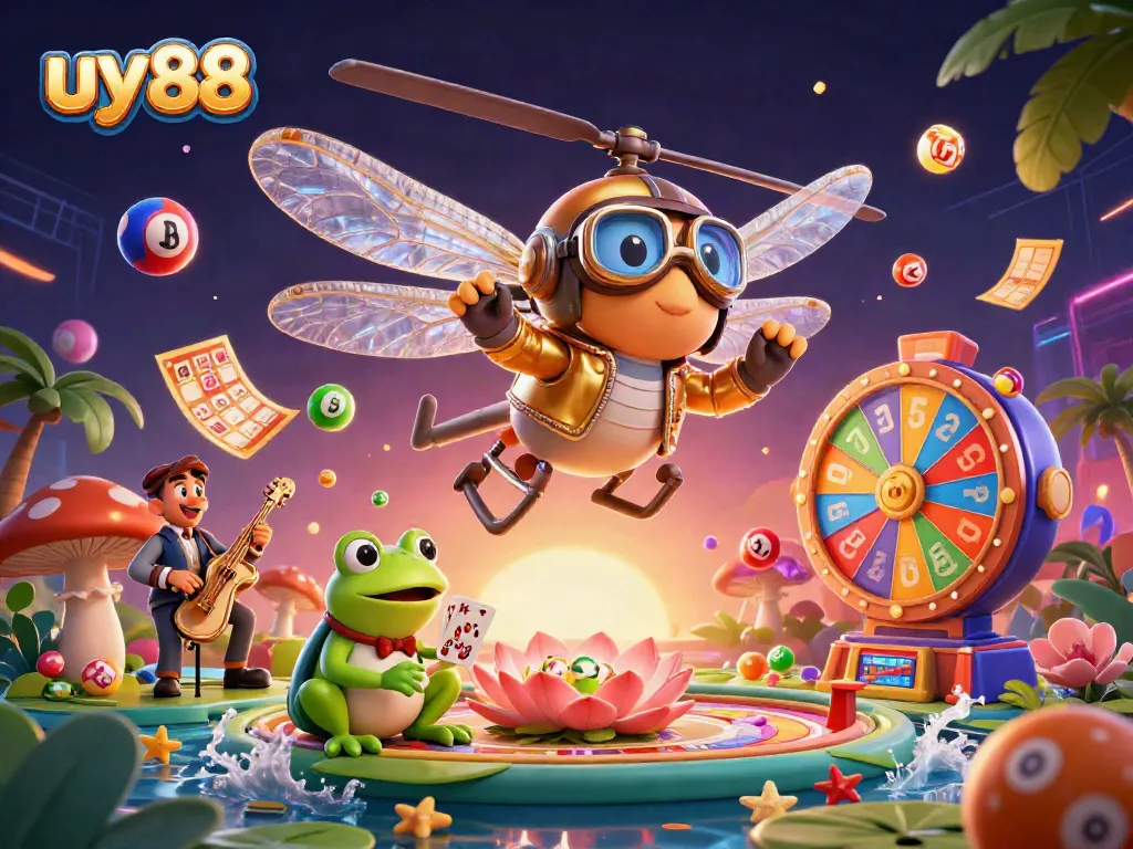 Experience dynamic gaming at UY88 with a lively casino scene featuring colorful elements and engaging characters.