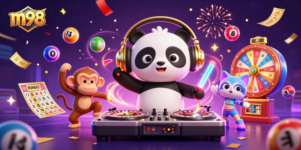 Engage with m98 through a vibrant casino illustration featuring a DJ panda and lively characters.