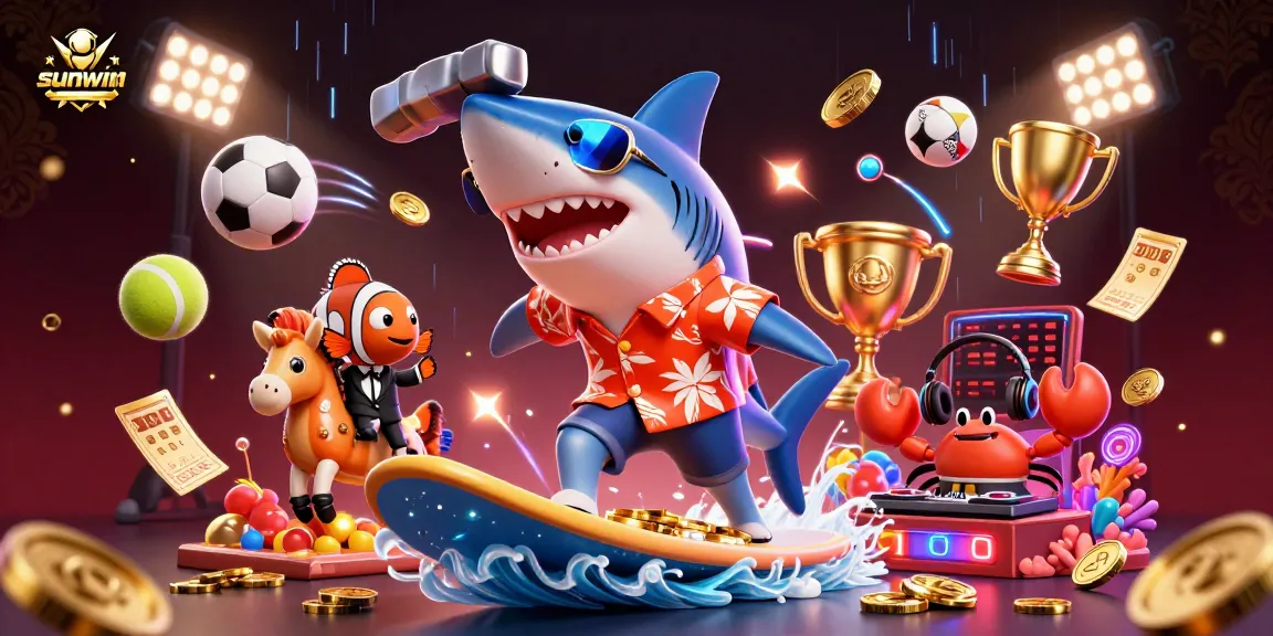 Win big at sunwin with exciting games and vibrant visuals featuring a hammer-head shark and casino elements.