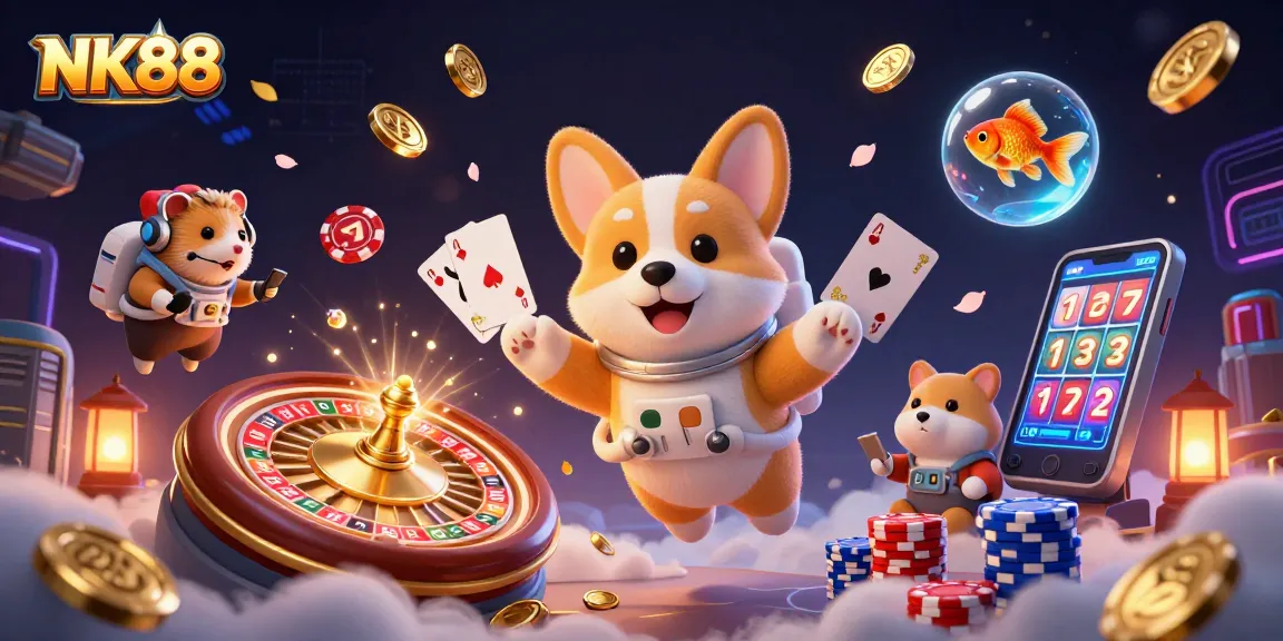 NK88 offers exciting casino games with vibrant visuals in a dynamic space setting.
