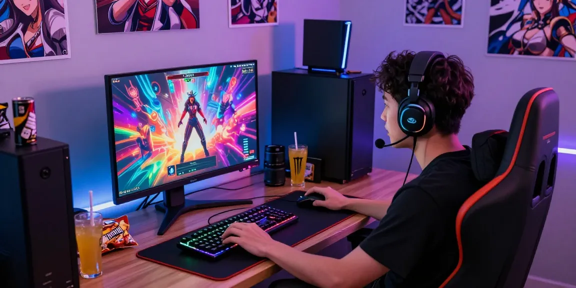 Exciting gamer playing mind control hentai game on vibrant monitor with gaming accessories.